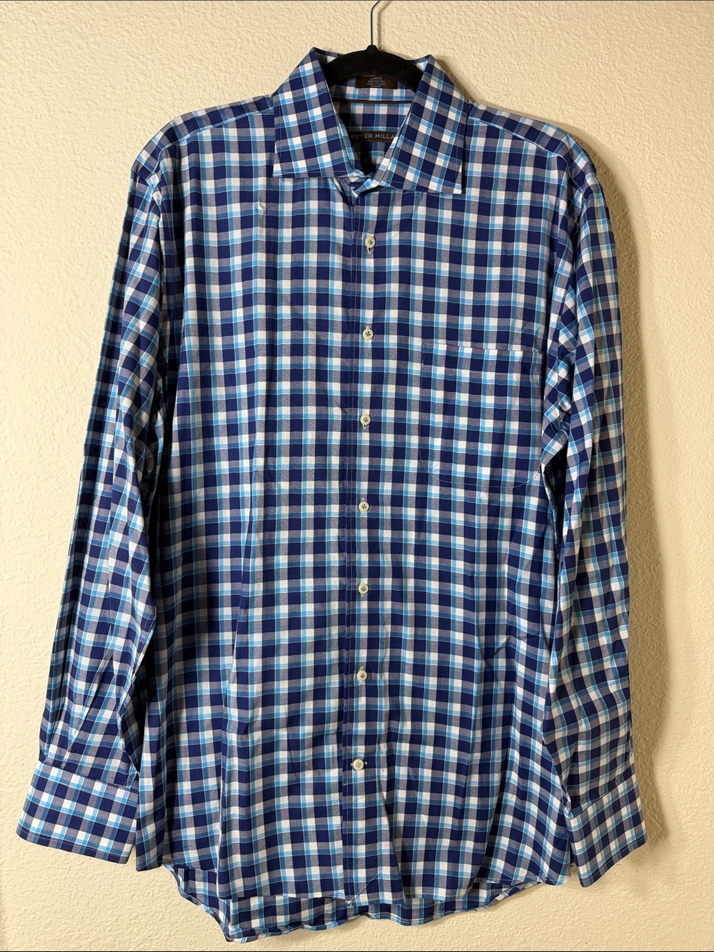 Peter Millar Men's Size L Blue White Plaid Button Down Long Sleeve Shirt Preppy